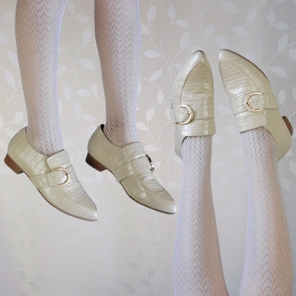Bared Footwear Croc Embossed Leather Loafers Cream White Gold Buckle Size 40 - Picture 1 of 15